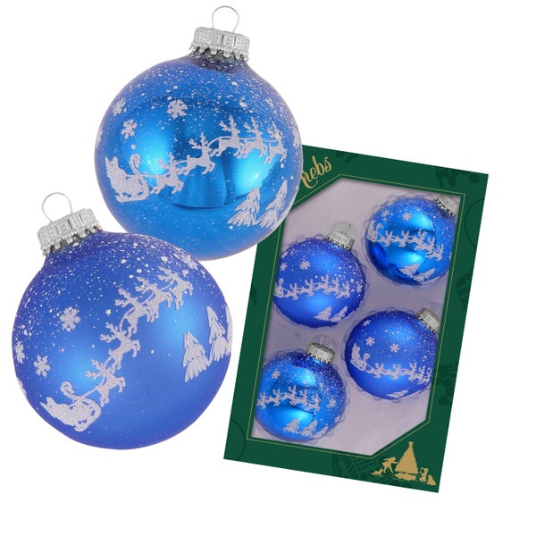 Klassische blau glänzend / matte 7cm Glaskugel mit weißem Druck Santa mit seinen Rentieren, 4 Stck., Weihnachtsbaumkugeln, Christbaumschmuck, Weihnachtsbaumanhänger