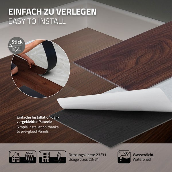 ML-Design Deluxe PVC Bodenbelag, Selbstklebende Vinyl-Dielen, Vinylboden, 91,5 cm x 15,3 cm x 2 mm, Dicke 2 mm, 2,23m²/16 Dielen, Rot-Braun Nuss, Holzoptik, rutschfest, wasserfest, Einfache Verlegung