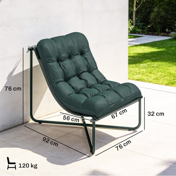 Garten-Loungesessel mit Metallgestell und gestepptem Polster, Belastbarkeit 120 Kilogramm, Maße 76 mal 76 mal 92 Zentimeter.
