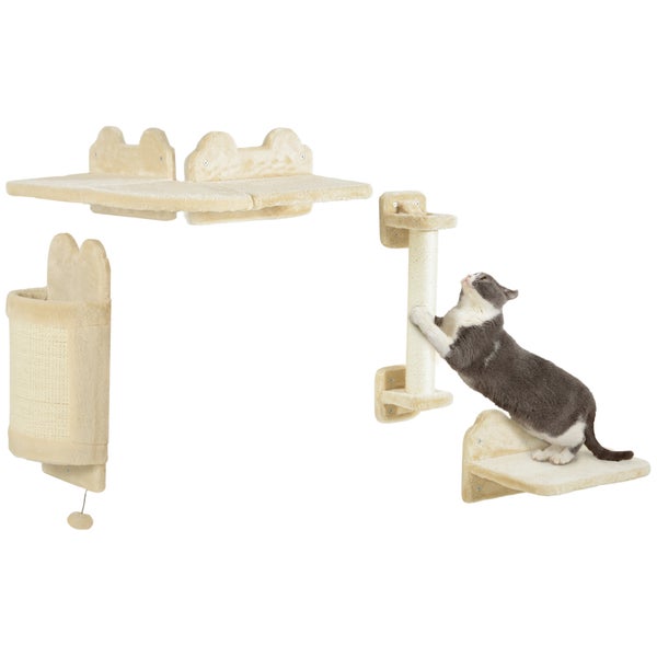 PawHut Katzen Kletterwand Set, 4-teilig Katzenmöbel Kletterwand Katzen mit Sitzplattform, Eckplattform, Spielball und Bogen-Kratzbrett, Katzen-Wandmöbel für Katzen bis 5 kg, Beige