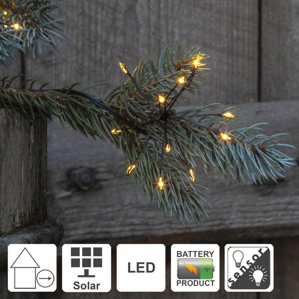 Lichterkette mit LED Lampen an Tannenzweig, geeignet für den Aussenbereich, Solarpanel, Batteriesymbol und Lichtsensor.