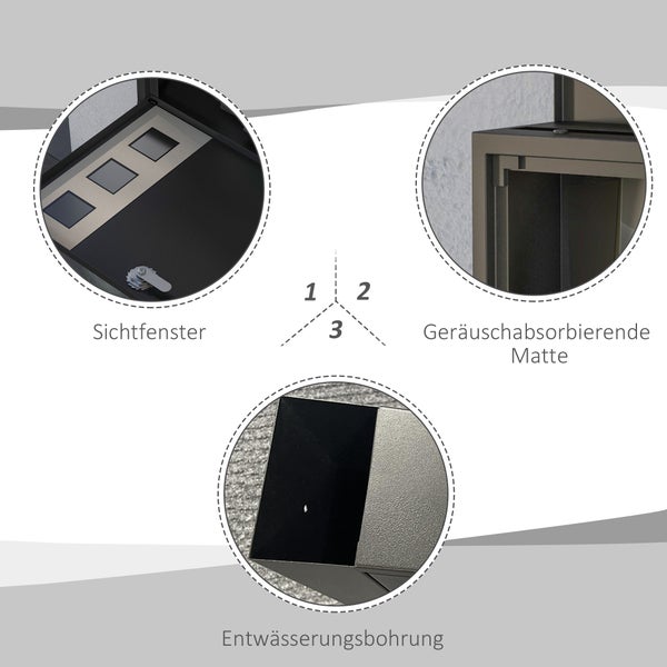 Detailansicht eines Briefkastens mit Sichtfenster, geräuschabsorbierender Matte und Entwässerungsbohrung.