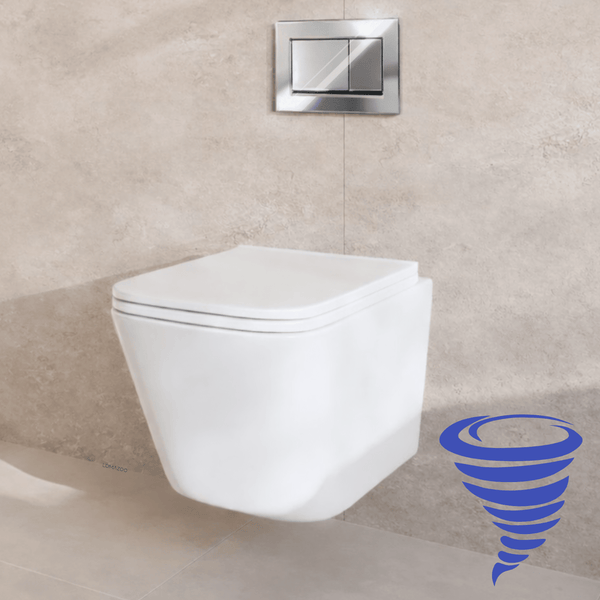 Wandhänge WC mit WC Sitz und Betätigungsplatte vor einer gefliesten Wand