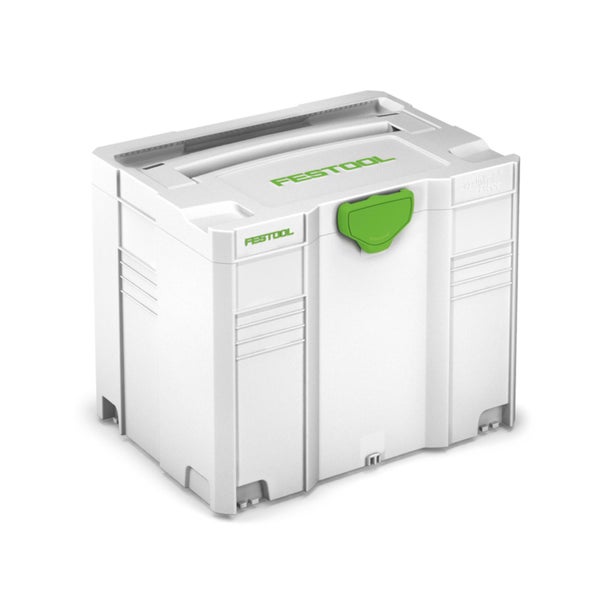 Festool Systainer T-LOC Werkzeugkoffer aus Kunststoff mit Festool Logo und Bedienelement zum Schließen, Öffnen und Koppeln.