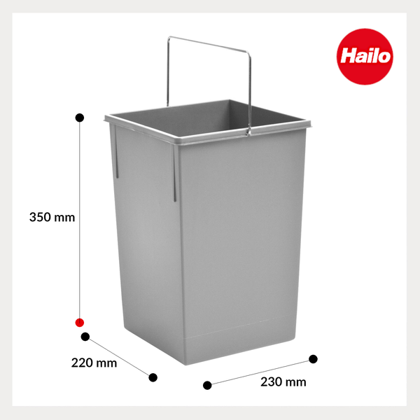 Grauer Hailo Abfalleimer aus Kunststoff mit Metallbügel, Höhe 350 Millimeter, Breite 230 Millimeter, Tiefe 220 Millimeter, Hailo Logo.