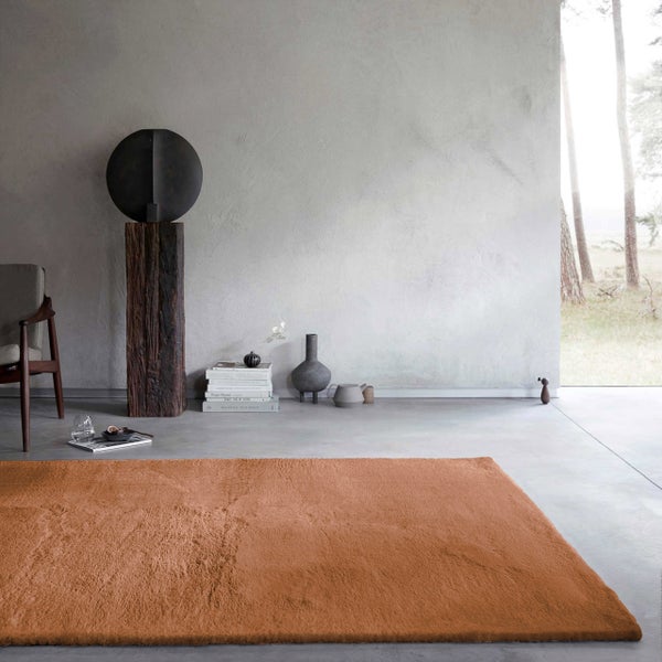 Hell gestalteter Raum mit Sichtbetonwand, grauem Boden und einem orangefarbenen Hochflor Teppich in modernem Design.
