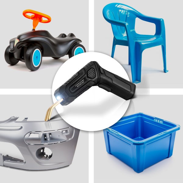 Collage verschiedener Kunststoffprodukte: Rutschauto, Stuhl, Reparatur eines Stossfängers mit einem Kunststoffschweissgerät, Kunststoffbox