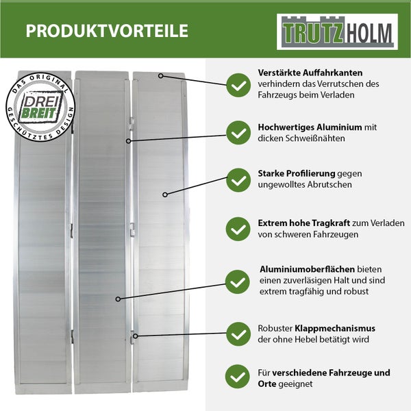 TrutzHolm Logo und Produktvorteile einer klappbaren Aluminium-Laderampe mit verstärkten Auffahrkanten