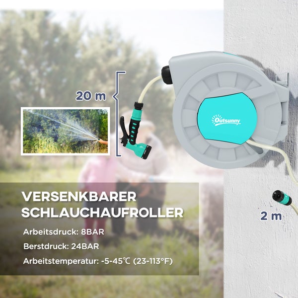Outsunny Schlauchtrommel mit Gartenschlauch 20m, 180° schwenkbar Schlauchbox, Schlauchaufroller zur Wandmontage, Wasserschlauchaufroller mit automatische Aufrollung, 7-Funktionen Handbrause, Grau