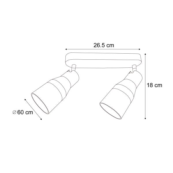 Skizze einer Doppelspotleuchte mit den Maßen 26,5 cm Länge, 18 cm Höhe und 60 cm Durchmesser.