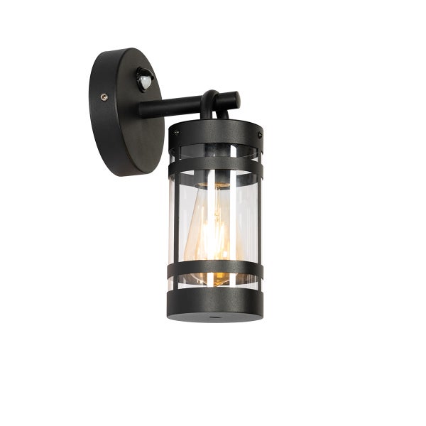 Außenwandleuchte aus schwarzem Metall mit klarem Glaszylinder und integriertem Bewegungsmelder.