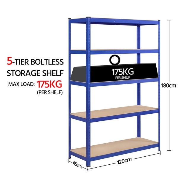 Steckregal mit 5 Holzböden und blauem Metallgestell, 180 Zentimeter hoch, 120 Zentimeter breit, 45 Zentimeter tief, Traglast 175 Kilogramm pro Boden.