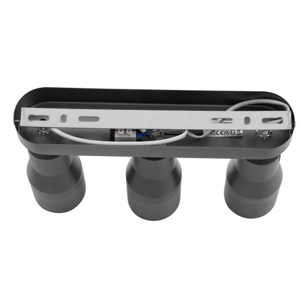 Innenansicht einer grauen Deckenleuchte mit drei Strahlern