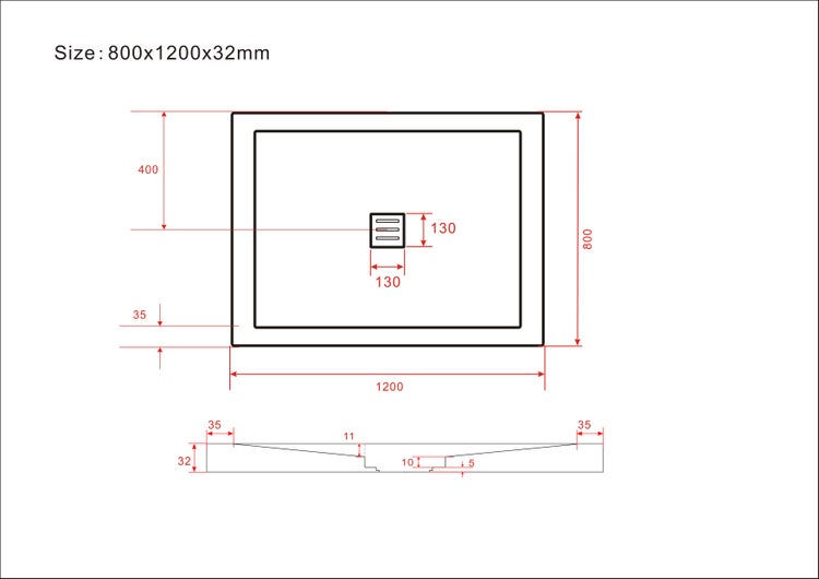 Technische Zeichnung einer Duschwanne mit den Maßen 800x1200x32 mm.