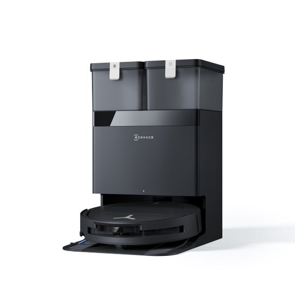 Ecovacs Saug- und Wischroboter mit automatischer Reinigungsstation und zwei Wassertanks.
