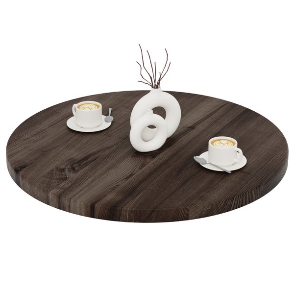 Runde Tischplatte aus dunklem Holz mit Maserung, dekoriert mit zwei Kaffeetassen und weißen Vasen.