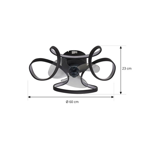 Deckenventilator mit LED-Beleuchtung in Schwarz, Durchmesser 60 Zentimeter, Höhe 23 Zentimeter, modernes Design mit geschwungenen Elementen.