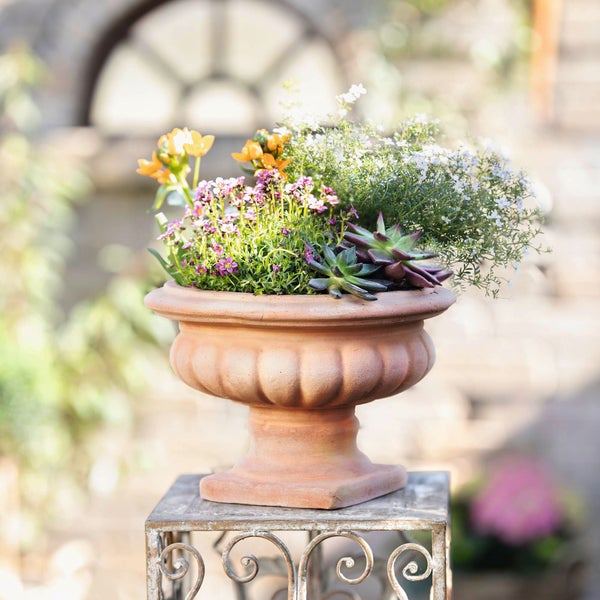 Blumenarrangement in einer Terracotta-Urne auf einem Metallständer