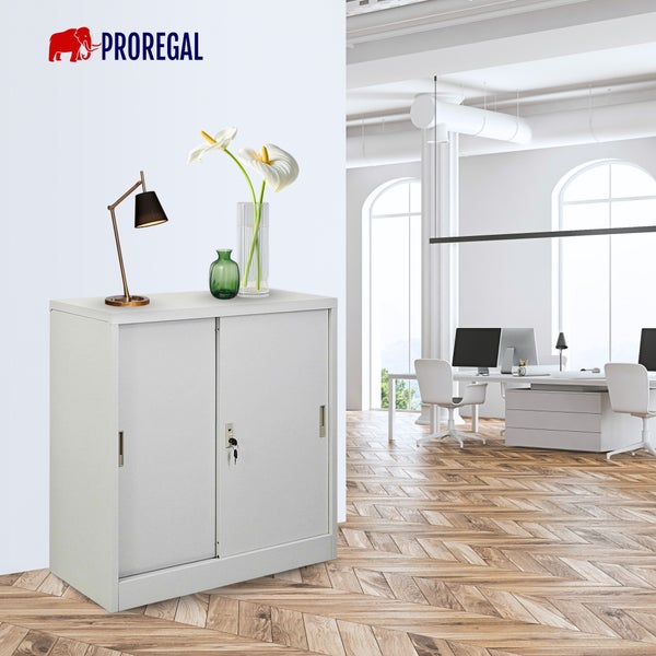 Proregal Logo. Hellgrauer Metallschrank mit zwei Schiebetüren und Schloss in einem hellen, geräumigen Büro mit Holzfußboden.
