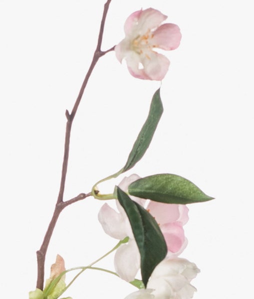 Künstlicher Orchideenzweig Phalaenopsis mit weißen Blüten, gelber Mitte und grünen Knospen.