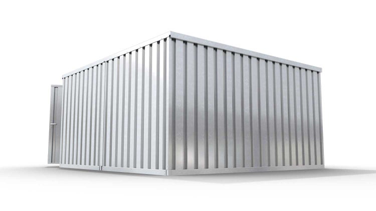 Lagercontainer Gerätehaus XL2  – 21 qm, H2150 x B5080 x T4340 mm, verzinkt, mit Holzfußboden, 1830 mm Doppelflügeltür mittig in Stirnseite und 1270 mm Einflügeltür mittig in Modul C, zerlegt