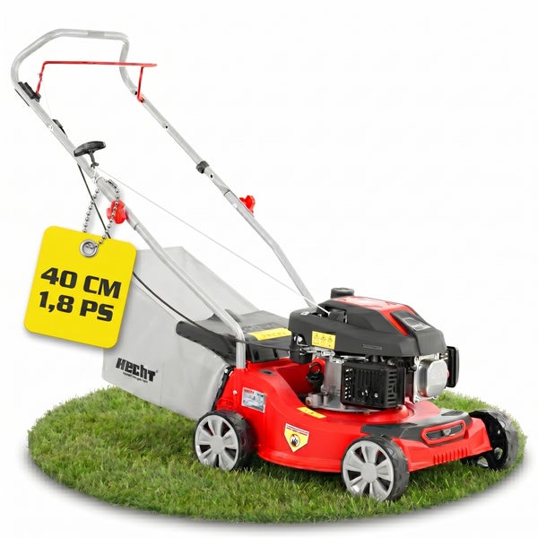 Benzin-Rasenmäher von Hecht mit 40 Zentimeter Schnittbreite und 1,8 Pferdestärken, rotes Gehäuse und Grasfangsack.