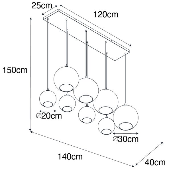 Technische Zeichnung einer Hängelampe mit neun Kugelschirmen und den Maßen 120 cm x 25 cm x 150 cm