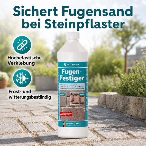 Hotrega Fugen Festiger zur Stabilisierung von Fugensand bei Steinpflaster in einer Kunststoffflasche für frost und witterungsbeständige Fugen.