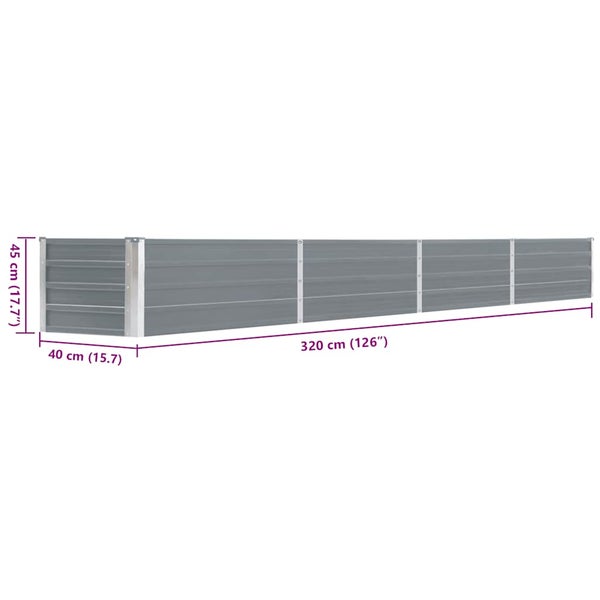 Hochbeet aus Metall mit Maßen von 320 Zentimeter Länge, 40 Zentimeter Breite und 45 Zentimeter Höhe.