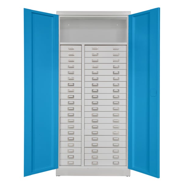 PROREGAL Schubladenschrank Chinchilla mit 40 Schubladen + 1 Ablageboden | HxBxT 179x80x41cm | Lichtgrau/Lichtblau | Spind, Schubladen