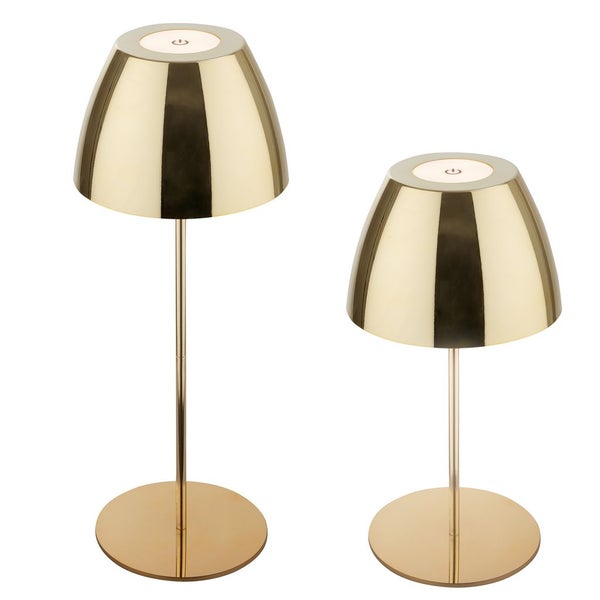 Zwei goldfarbene Tischleuchten mit Lampenschirm und rundem Sockel