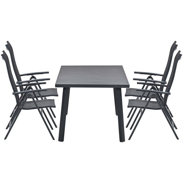 Gartenmöbel-Set in Anthrazit bestehend aus einem rechteckigen Tisch und vier klappbaren Hochlehner-Stühlen mit Armlehnen.