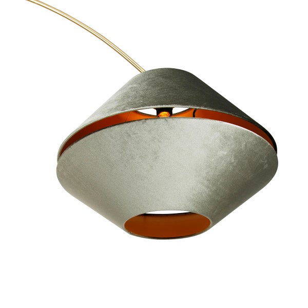 Bogenlampe mit Samtschirm in Grau und goldener Innenseite.