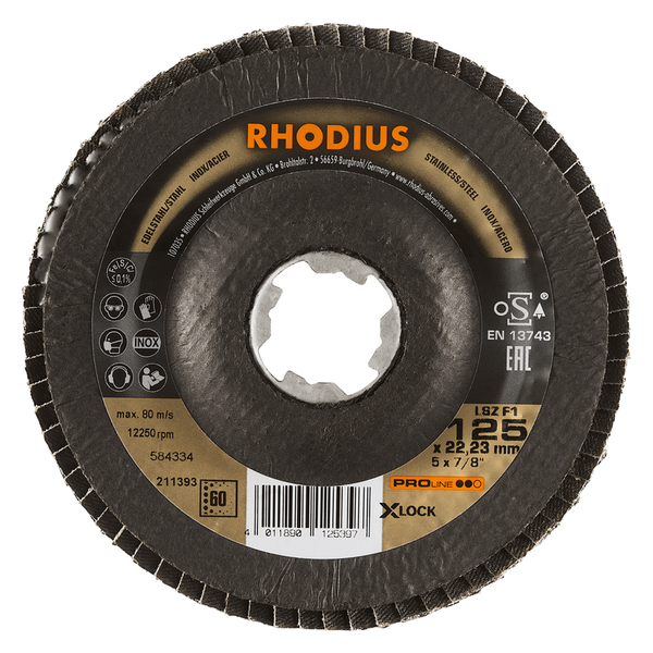 RHODIUS Fächerscheibe LSZ F1 X-LOCK, 10 Stück, 125 x 22,23 mm, Korn 60, für Edelstahl, Stahl, Metall, PROline