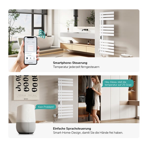 Modernes Badezimmer und Ankleidezimmer mit weißem Badheizkörper, steuerbar über Smartphone-App und Sprachsteuerung mit Smart Speaker.