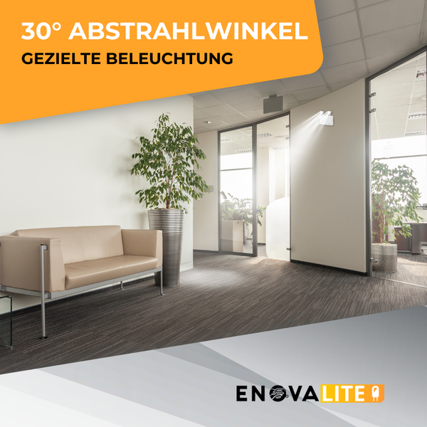 Büroflur mit Sofa, Zimmerpflanze und Wandleuchte mit 30 Grad Abstrahlwinkel für gezielte Beleuchtung