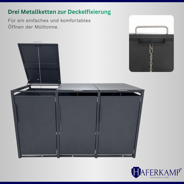 Anthrazitfarbene Dreifach-Mülltonnenbox mit geöffnetem Deckel, der per Kette fixiert ist. Detailansicht der Metallkette.