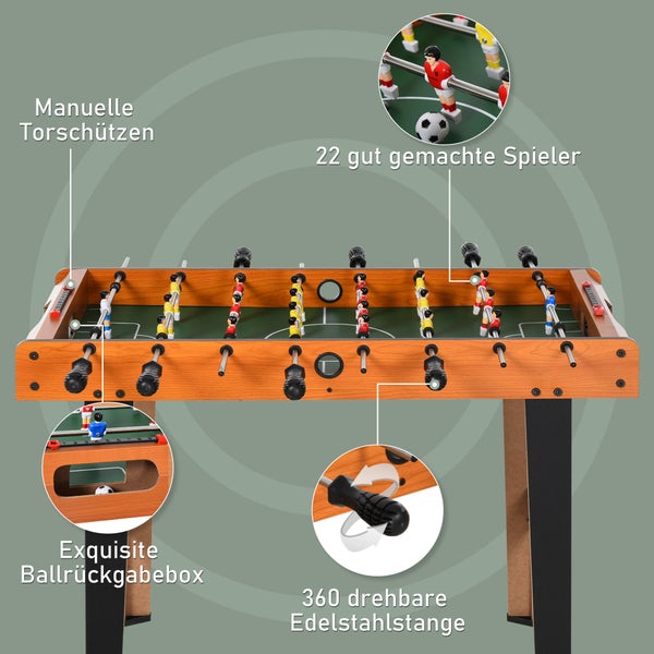 Tischfußball mit 22 Spielfiguren, manuellen Torzählern, Ballrückgabe und 360 Grad drehbaren Edelstahlstangen in Holzoptik.