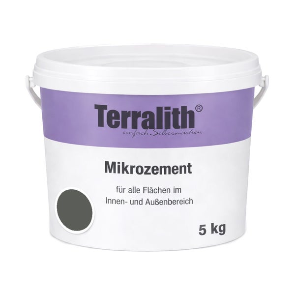 Terralith Mikrozement in Dunkelgrau für den Innenbereich und Außenbereich im 5 Kilogramm Eimer.