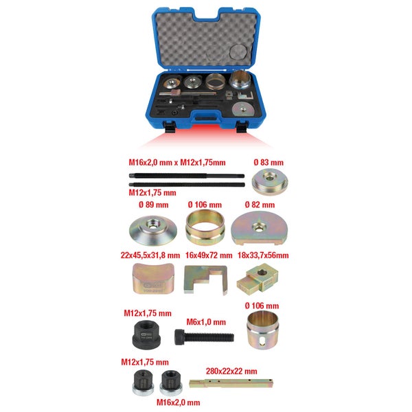 Werkzeugsatz mit verschiedenen Adaptern und Schrauben in einem blauen Werkzeugkoffer