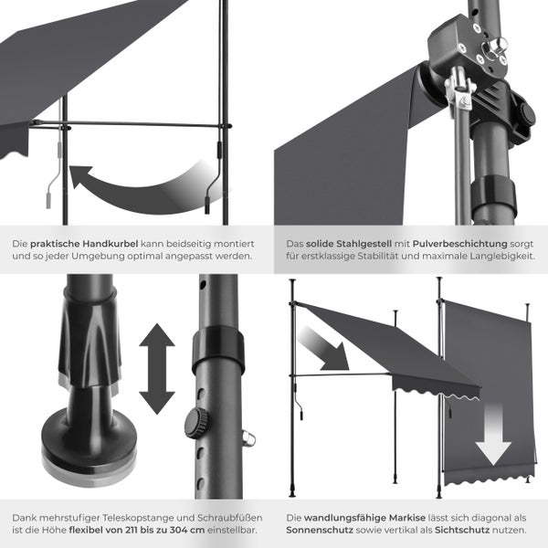 Klemmmarkise tectake  einfache Montage mit Handkurbel schwarz/grau