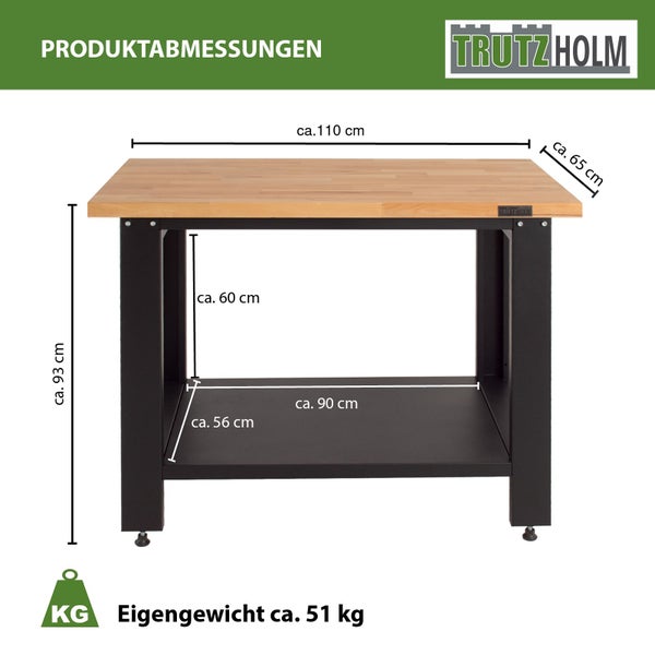 Werkbank mit Holzplatte, Maße: circa 110 mal 65 mal 93 Zentimeter, Eigengewicht circa 51 Kilogramm, Trutzholm Logo.
