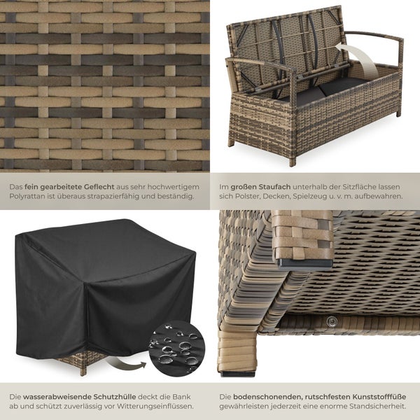Gartenbank aus Polyrattan mit Stauraumfunktion inklusive Schutzhülle und Details zum Flechtwerk und den Füßen