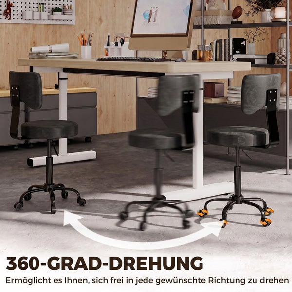 Drehbarer Bürostuhl mit Rückenlehne und Rollen vor einem höhenverstellbaren Schreibtisch im modernen Arbeitszimmer