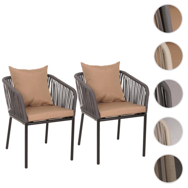 Set aus zwei Gartenstühlen aus Metall mit Seilbespannung, Sitz- und Rückenkissen sowie Detailansichten verschiedener Materialvarianten.