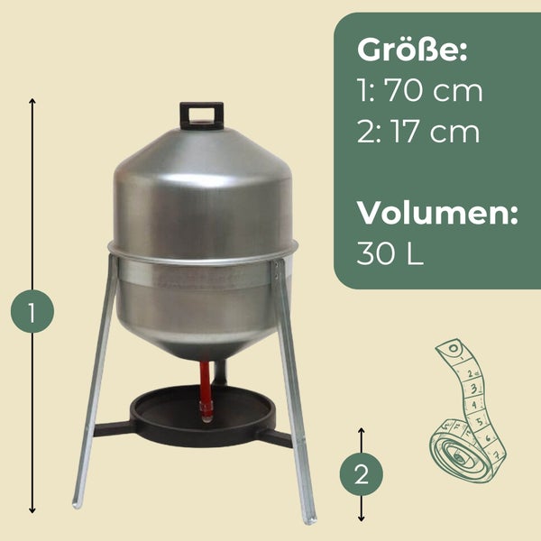 Edelstahl Mostfass mit 30 Liter Volumen und Maßangaben