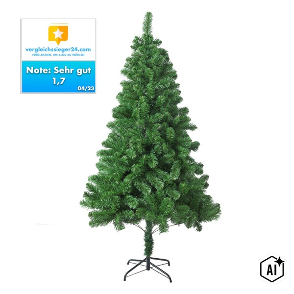Künstlicher Weihnachtsbaum auf einem Ständer mit Vergleichssieger24.com Logo