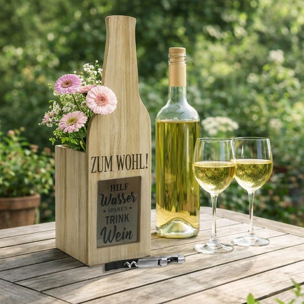 Dekorativer Weinflaschenhalter aus Holz mit Aufschrift Zum Wohl und Blumen auf einem Gartentisch neben Wein und Gläsern.