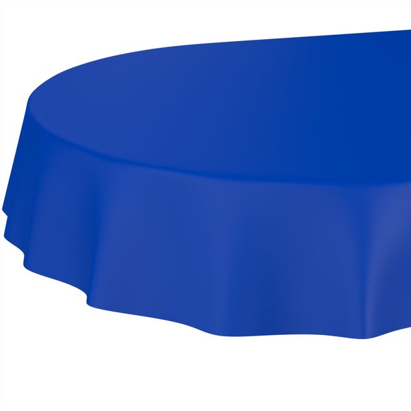 Blaue runde Tischdecke aus Stoff für Garten- oder Esstische.