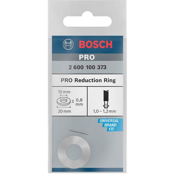 Bosch PRO Reduzierring für Kreissägeblätter, 20 Millimeter Außendurchmesser, 10 Millimeter Innendurchmesser, 0,8 Millimeter Dicke. Bosch Logo.